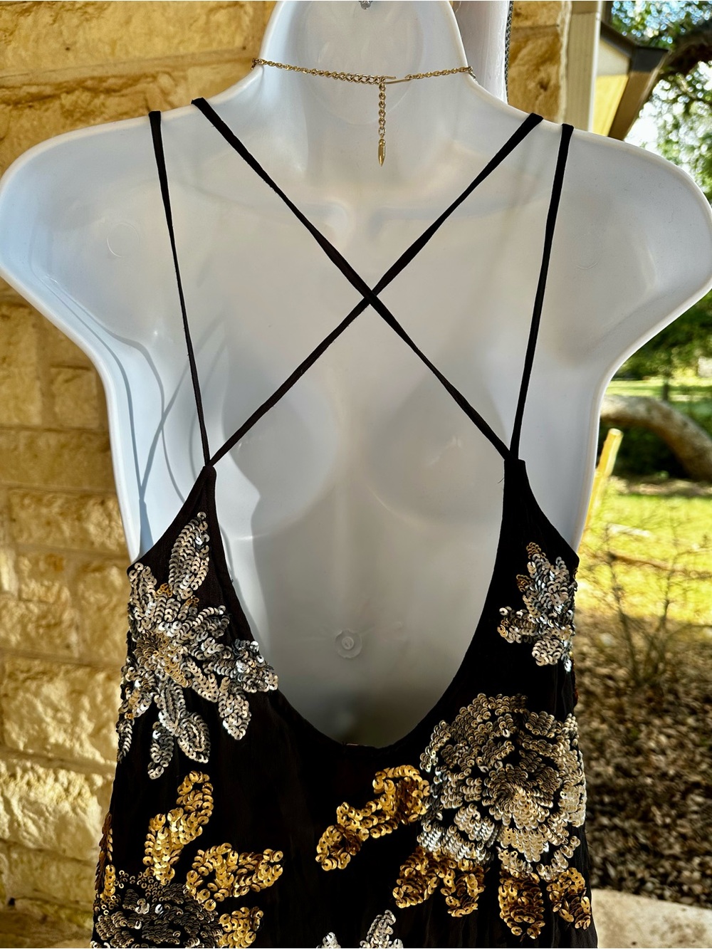 Free People Black Backless Slip Dress with Gold and Silver Floral Sequins - XS - Picture 10 of 13